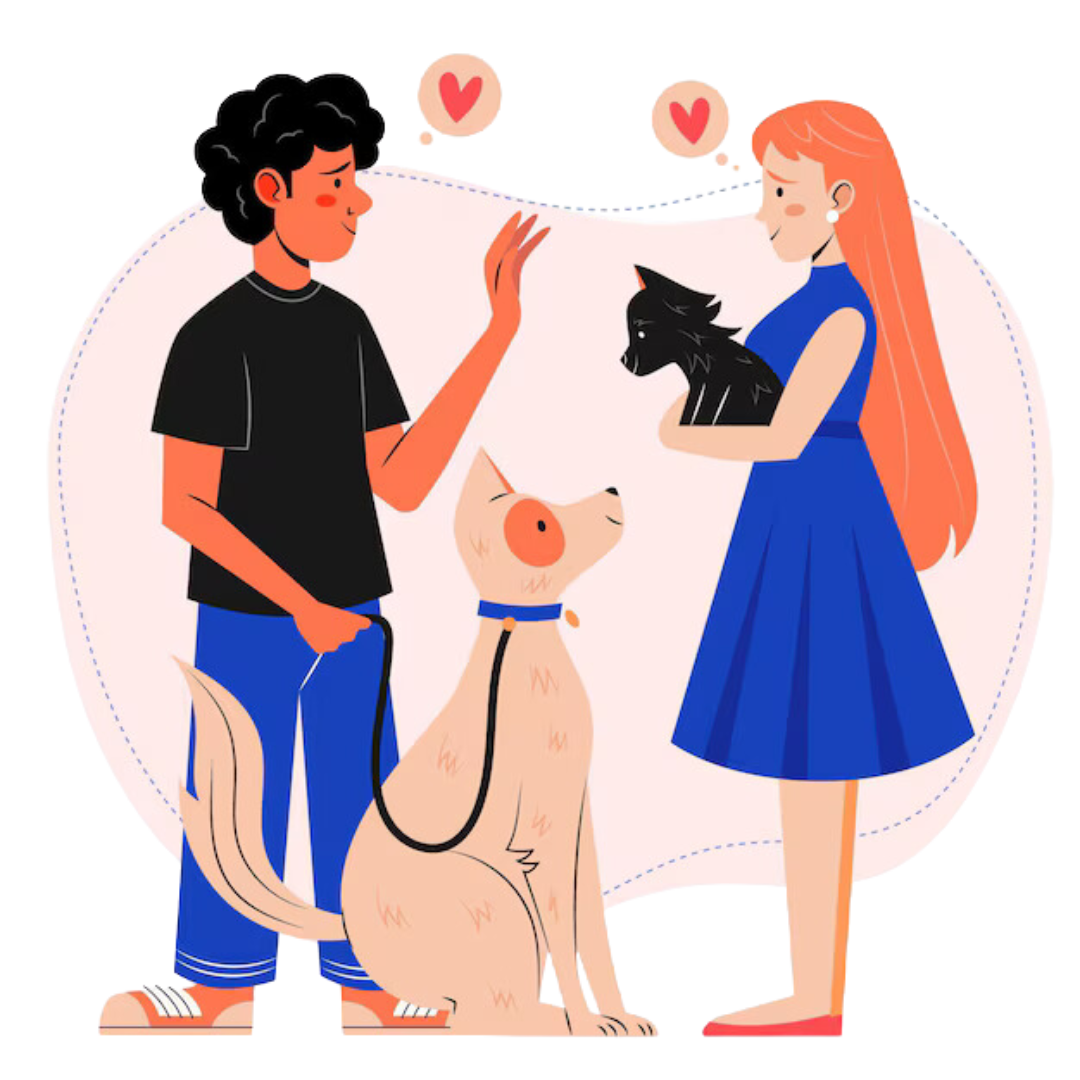 Boy with a dog talking to a girl with a dog