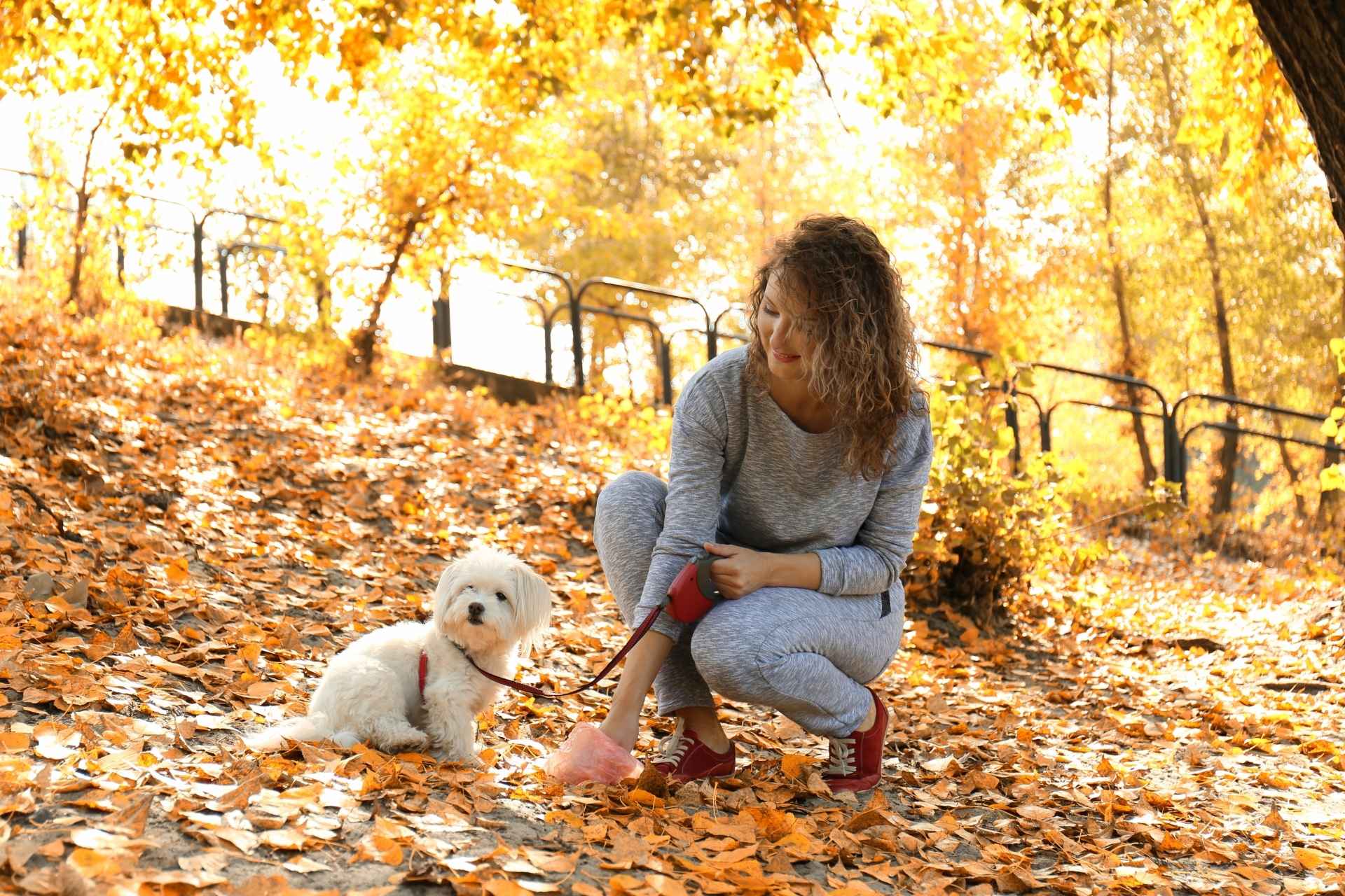 Mujer recogiendo la caca de su perro