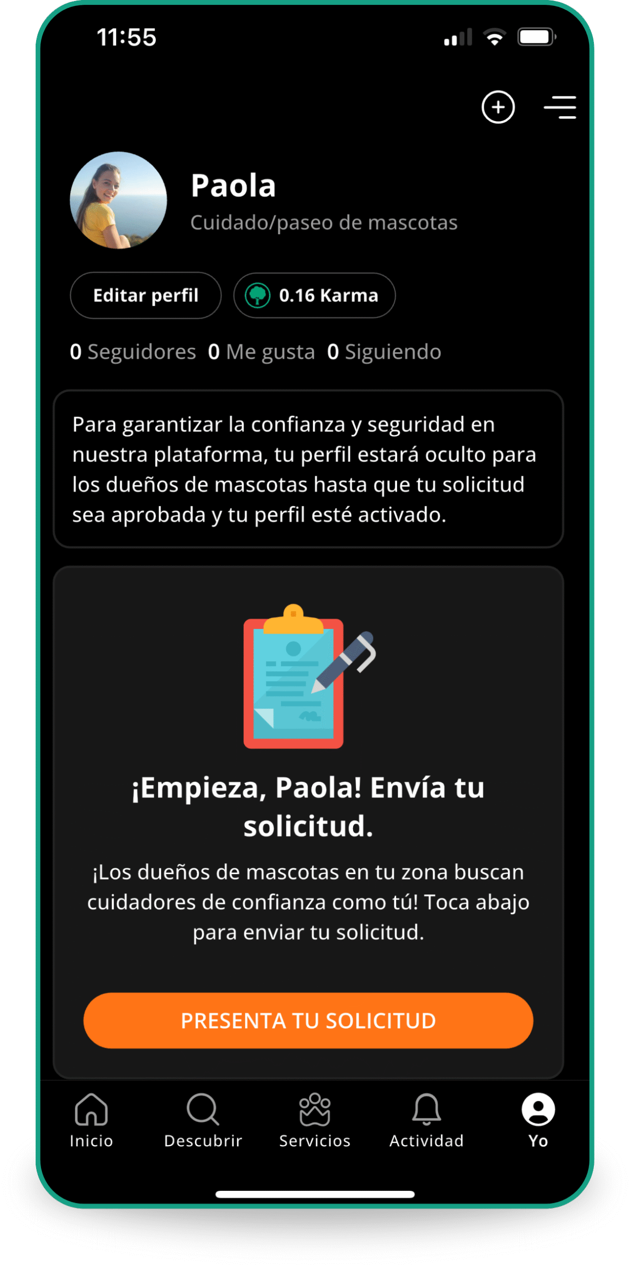 Formulario de solicitud para cuidadores en Petme